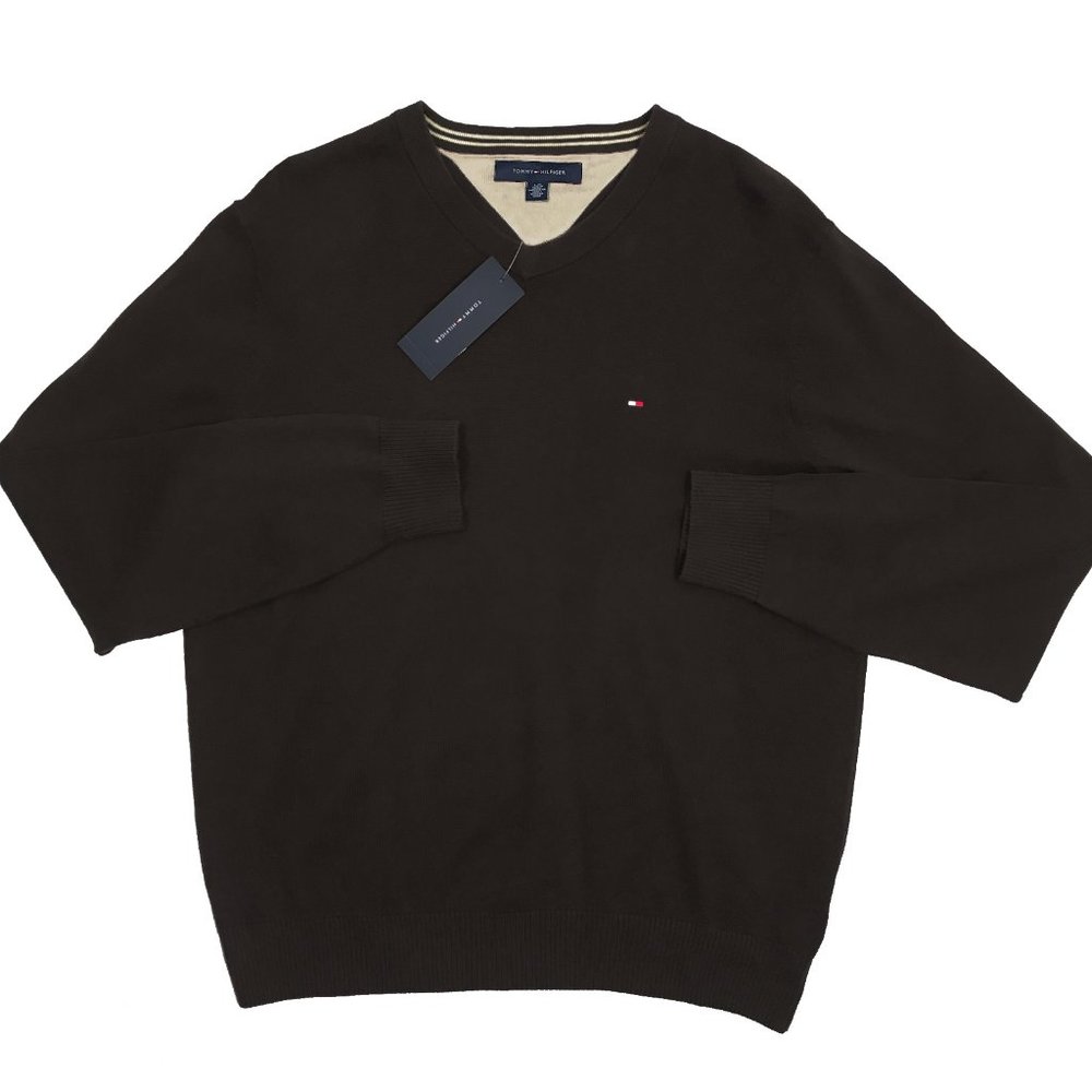 NEW Tommy Hilfiger Sweater!  Dark Brown  V Neck  Tommy Flag on Chest  Cotton